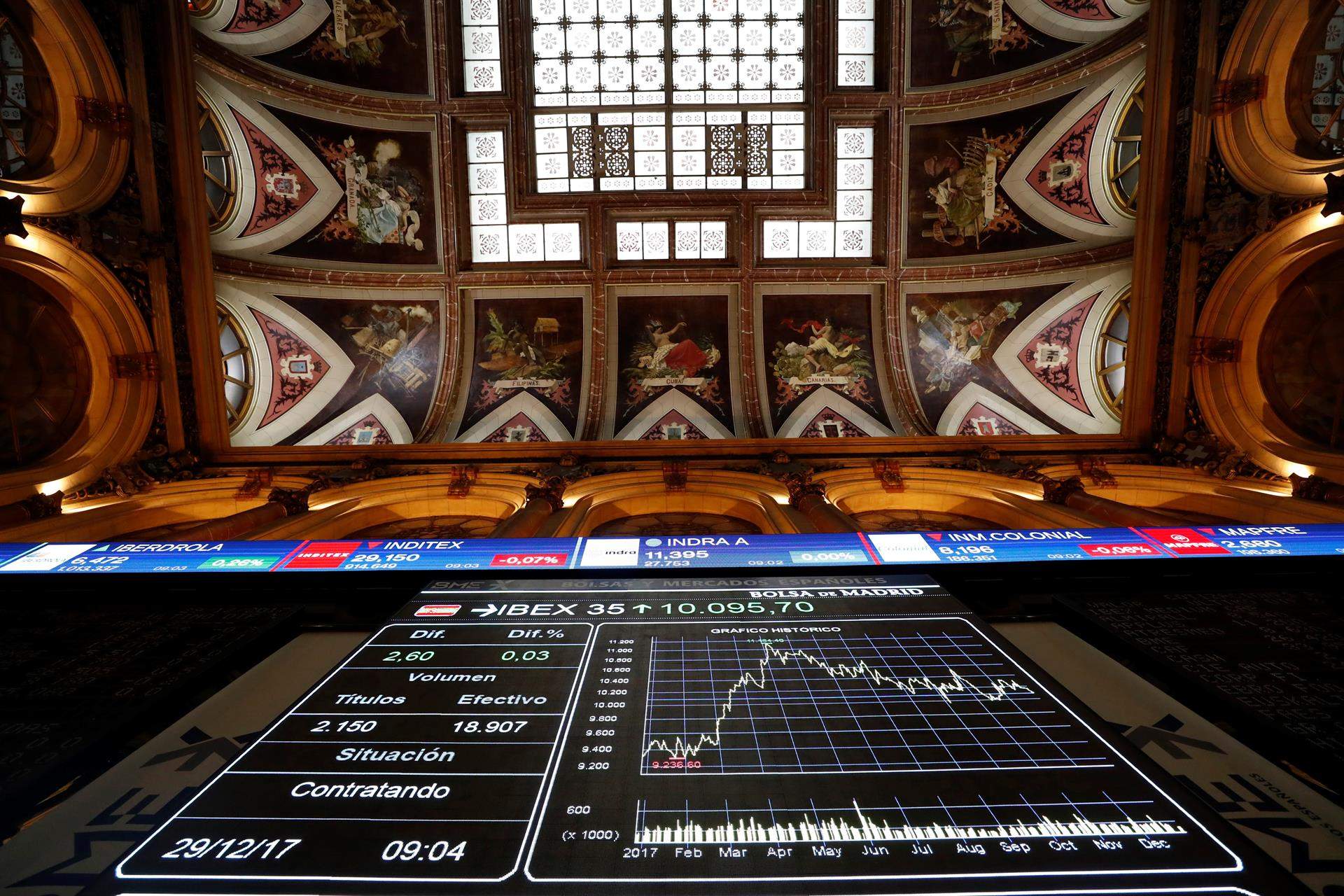 La Bolsa de Madrid, con los paneles de cotización bursátil. Foto EFE