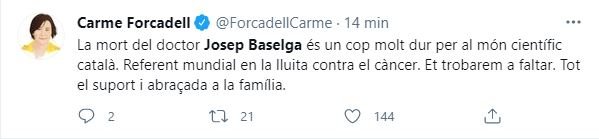 Carme Forcadell muerte Josep Baselga oncologo catalán