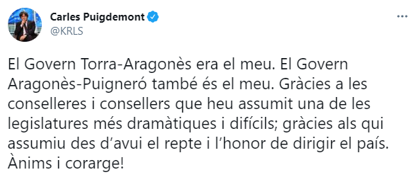 TUIT CARLES PUIGDEMONT FELICITANDO NUEVO GOBIERNO TUIT CARLES PUIGDEMONT FELICITANDO NUEVO GOBIERNO