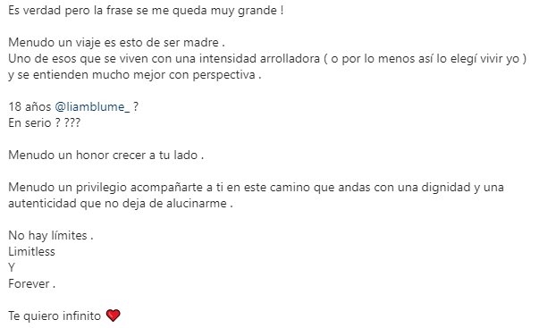 texto Liam Blume 18 años Instagram