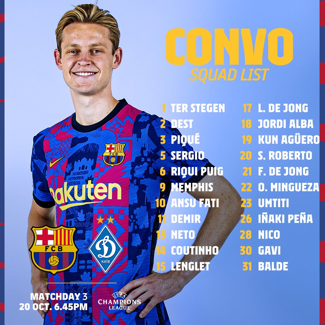 Barca convocatoria Champions Dinamo Kiev 20 octubre 2021