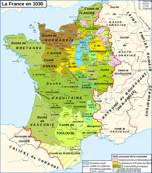 Mapa del reino de Francia en torno al año 1000. Fuente Atlas Historique de la France