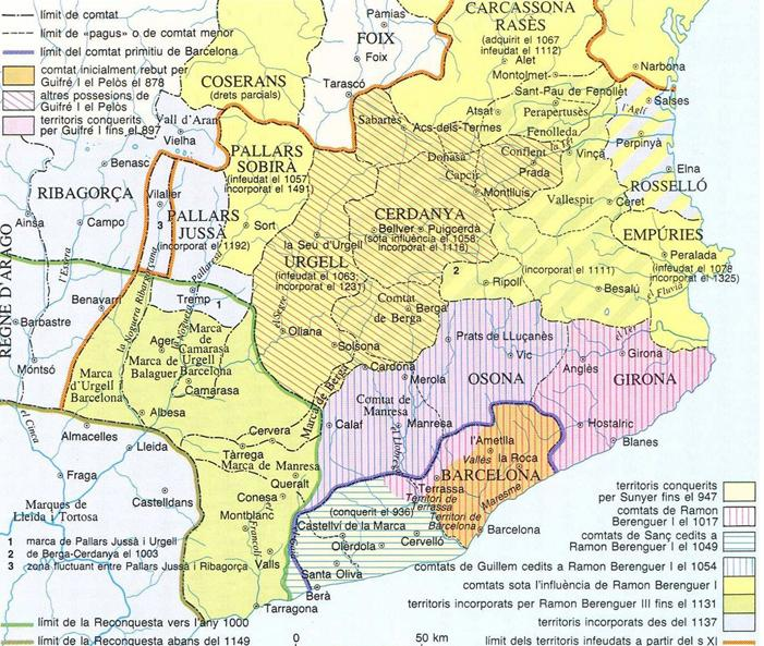 Mapa dels territoris comtals catalans al voltant de l'any 1000. Font Enciclopedia