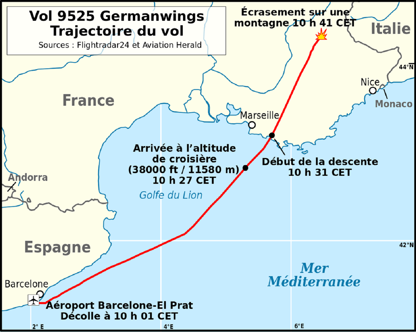 S'estavella el vol 9525 de Germanwings i moren 40 catalans i valencians. Mapa del trajecte de l'avio sinistrat. Font Wikimedia Commons