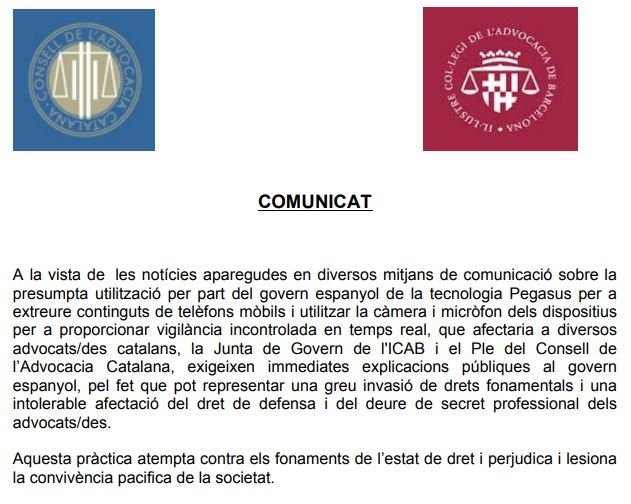 Comunicat Col·legi Advocacia de Barcelona Pegasus