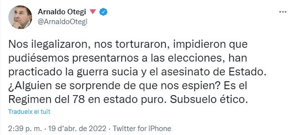 Tuit ARnaldo Otegi Pegasus espionaje masivo