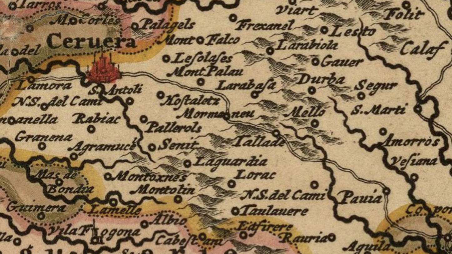 Mapa parcial de Catalunya, con el trayecto donde se efectuó el asalto (1677). Fuente Cartoteca de Catalunya