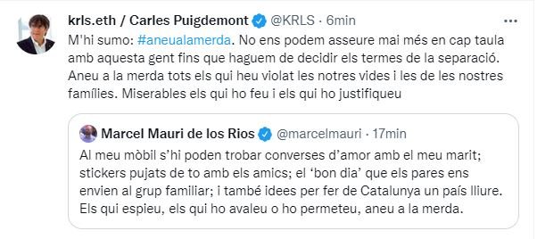 Captura tuit president Carles Puigdemont sobre el CatalanGate