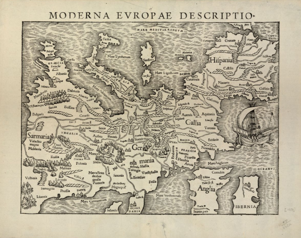 Mapa invertido de Europa (1558). Fuente Cartoteca de Catalunya