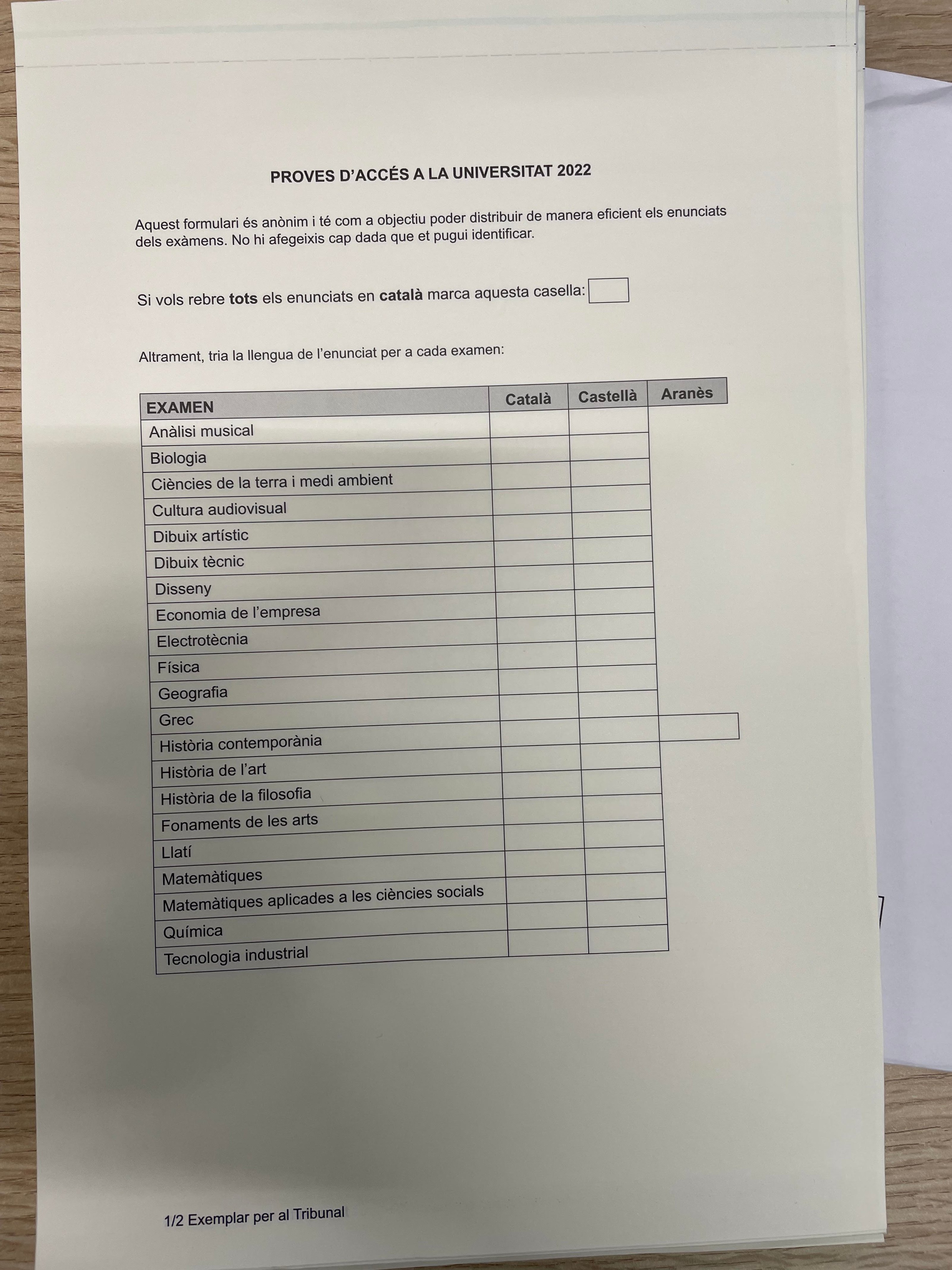 Formulario Selectivitat 2022 elegir lengua examen ACN