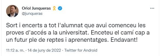 Tuit selectivitat 2022 Oriol Junqueras