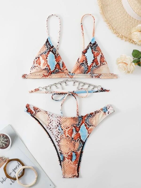 Bañador bikini con estampado de piel de serpiente con diseño de diamante de imitación