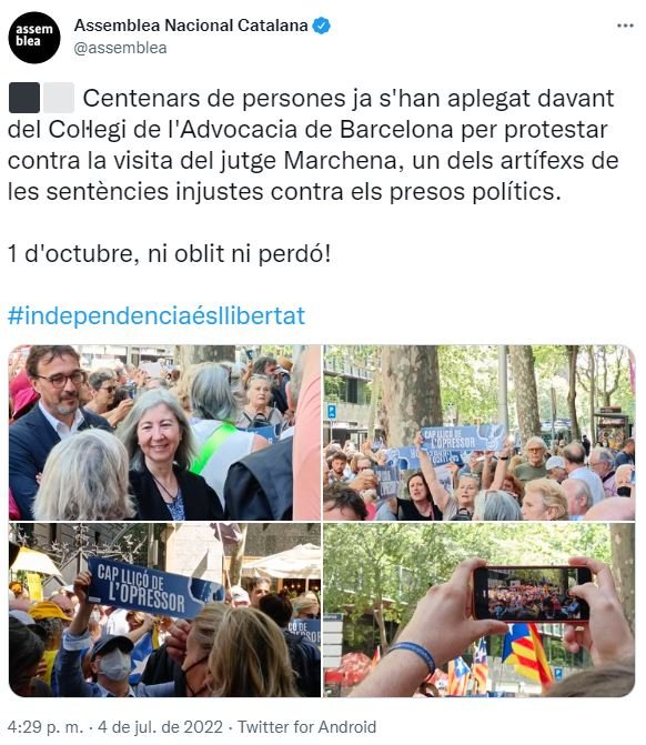 TUIT de la ANC sobre la protesta en el Colegio de la Abogacía contra la visita del juez Manuel Marchena