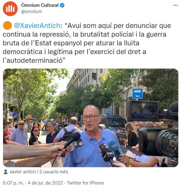 TUIT del presidente de Òmnium Cultural, Xavier Antich, sobre la protesta en el Colegio de la Abogacía por la visita del juez Manuel Marchena