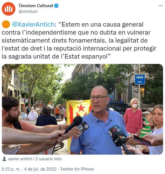 TUIT del presidente de Òmnium Cultural, Xavier Antich, sobre la protesta en el Colegio de la Abogacía por la visita del juez Manuel Marchena II