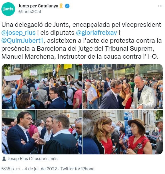 TUIT de Junts sobre la protesta en el Colegio de la Abogacía por la visita del juez Manuel Marchena