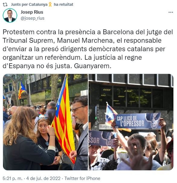 TUIT del diputado de Junts Josep Rius sobre la protesta en el Colegio de la Abogacía por la visita del juez Manuel Marchena