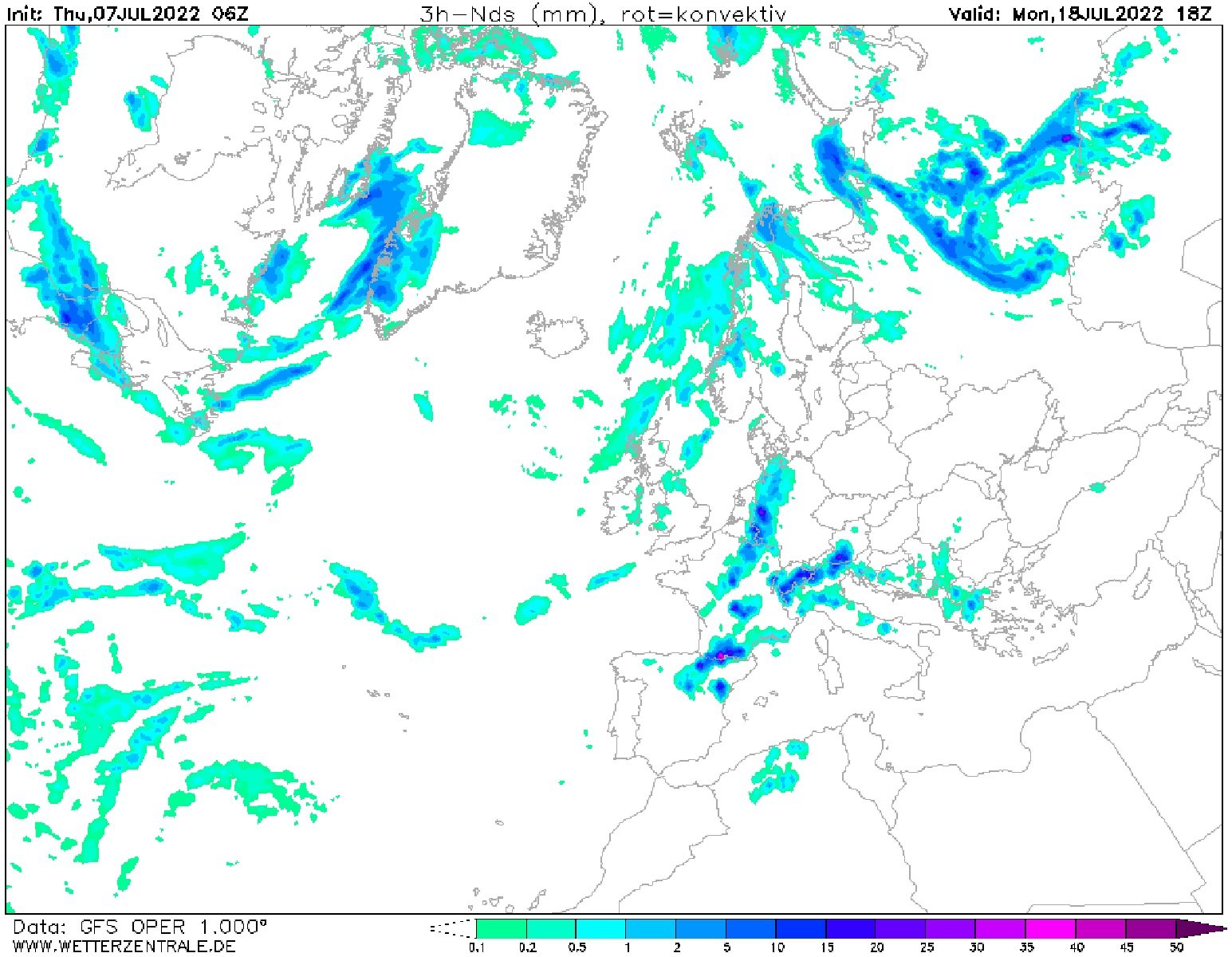 Mapa precipitació previst 18 juliol 2022 / Mapa: GFS Wetterzentrale