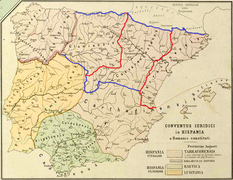 Mapa de la Tarraconense con sus tres Conventus (Tarraconense, Caesaragustano, Cluniensis). Fuente Universidad de Berlin