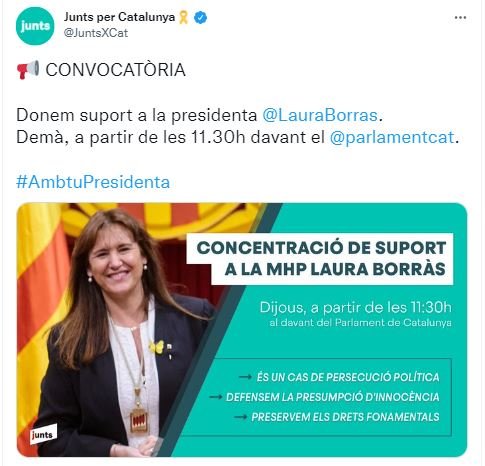 Tuits Junts concentració en suport a Laura Borràs