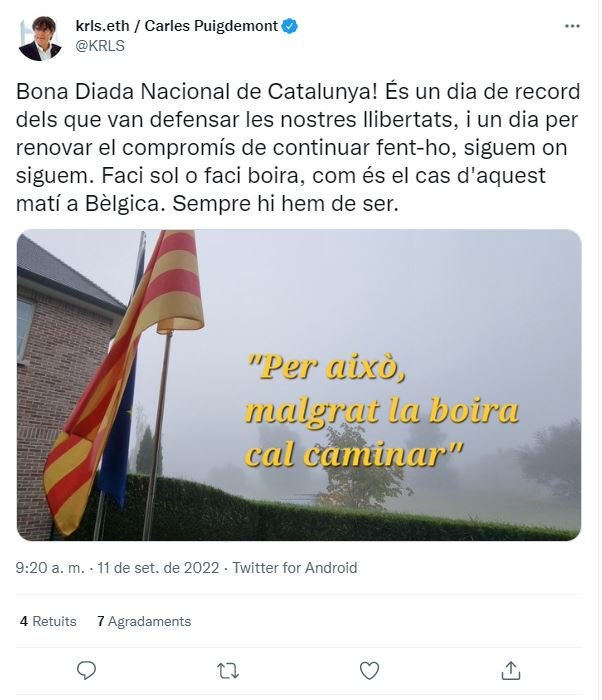 TUIT carles puigdemont felicitació diada 2022