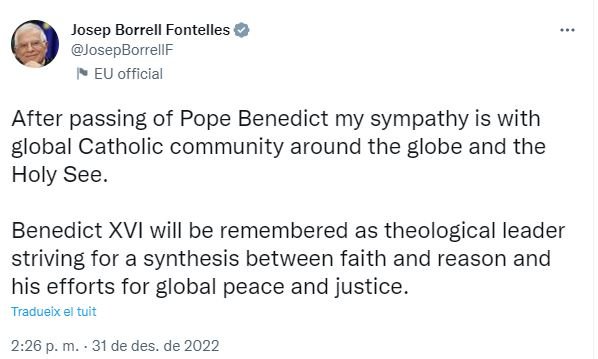 Tuit Josep Borrell papa benet xvi