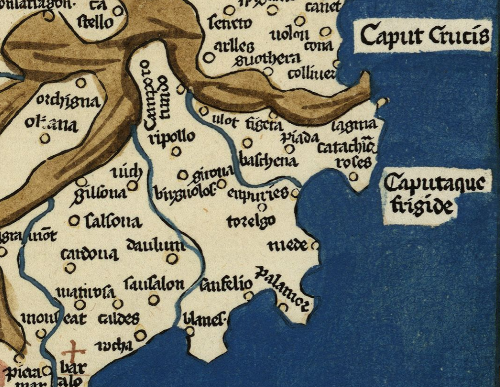 Fragment d'un mapa de la península ibèrica (1484), amb la plana de l'Empordà. Font Cartoteca de Catalunya