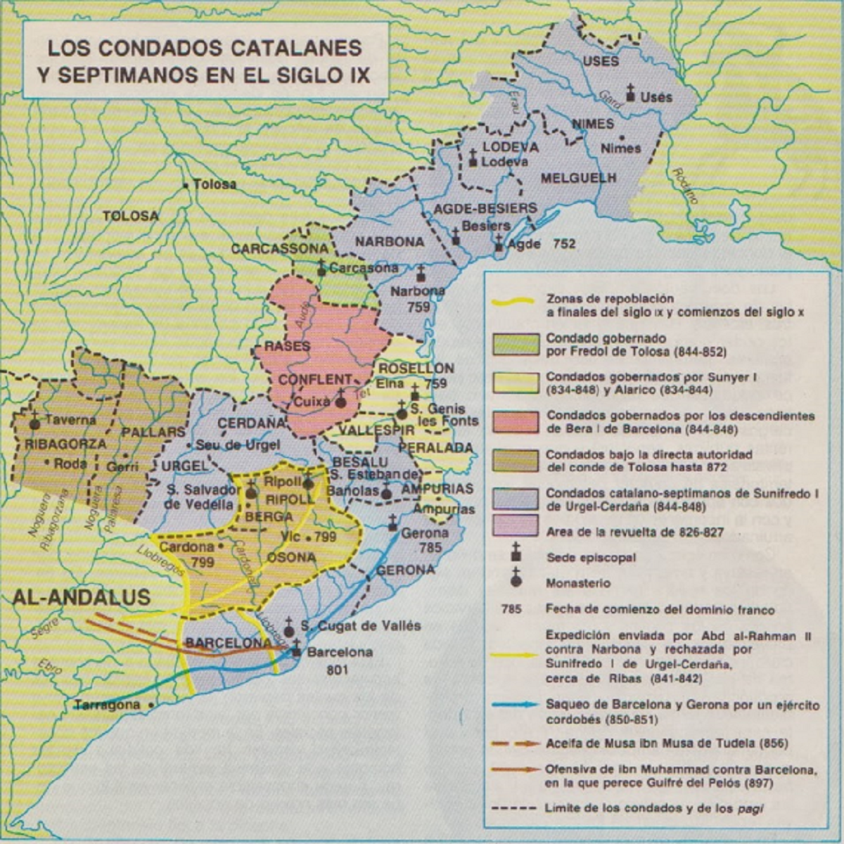 Mapa de los condados carolingios de la Marca de Gótia. Fuente Universidad de Barcelona