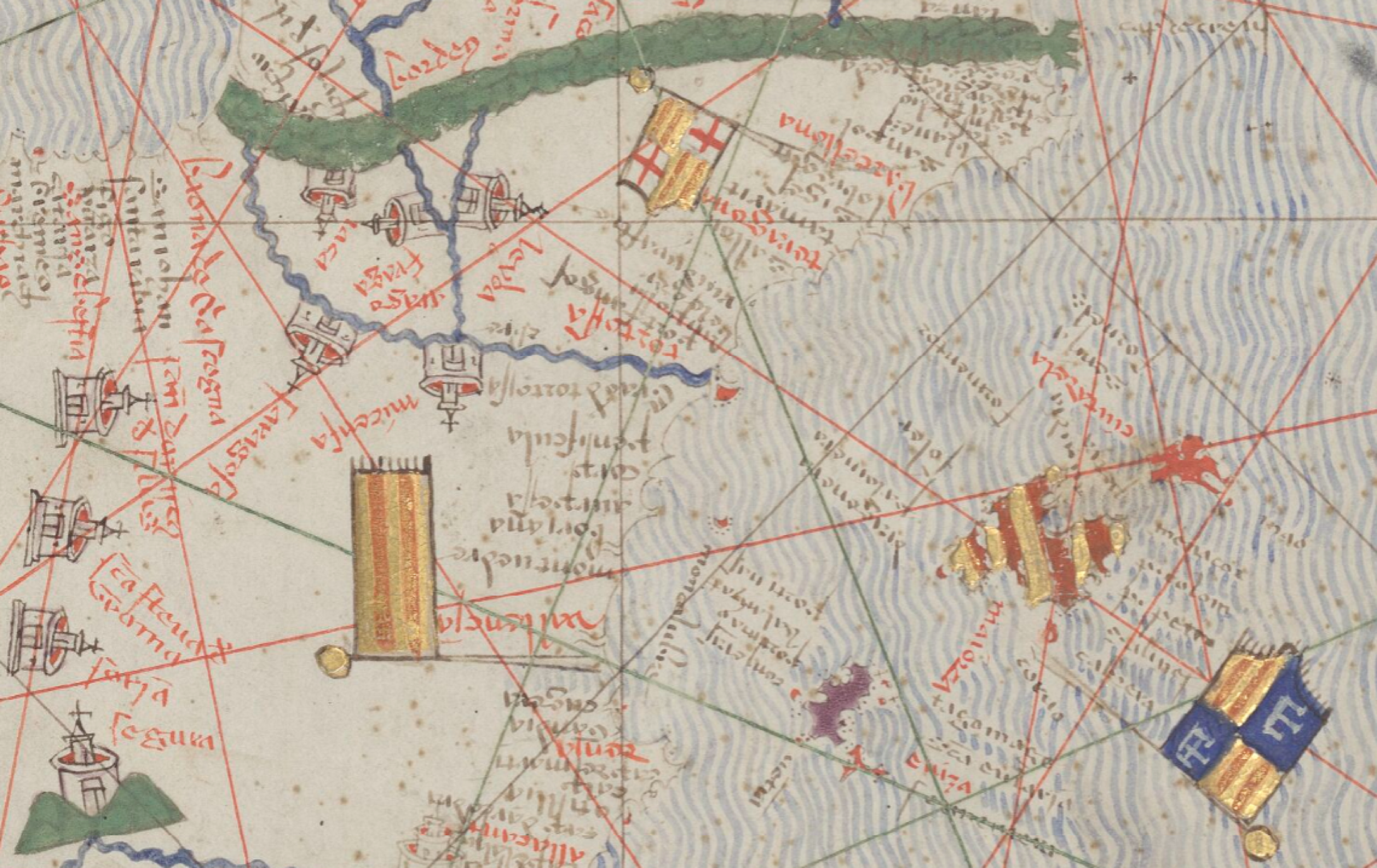 Fragmento del Atlas Catalán de Abrahán Crezcas. Los territorios de la expansión catalana. Fuente Bibilothèque Nationale de France