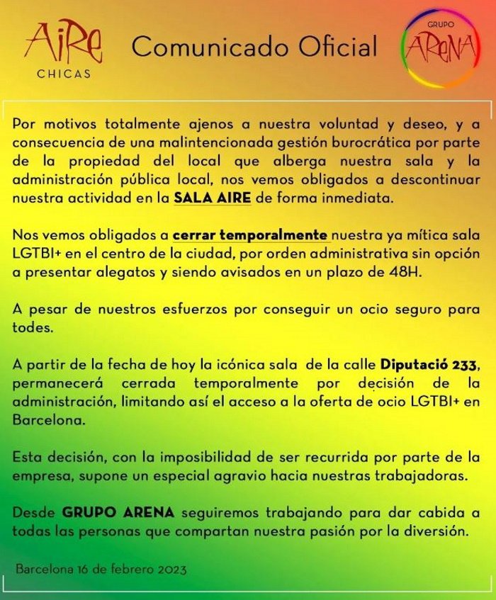 Comunicado discoteca Aire Barcelona Comunicado discoteca Aire Barcelona