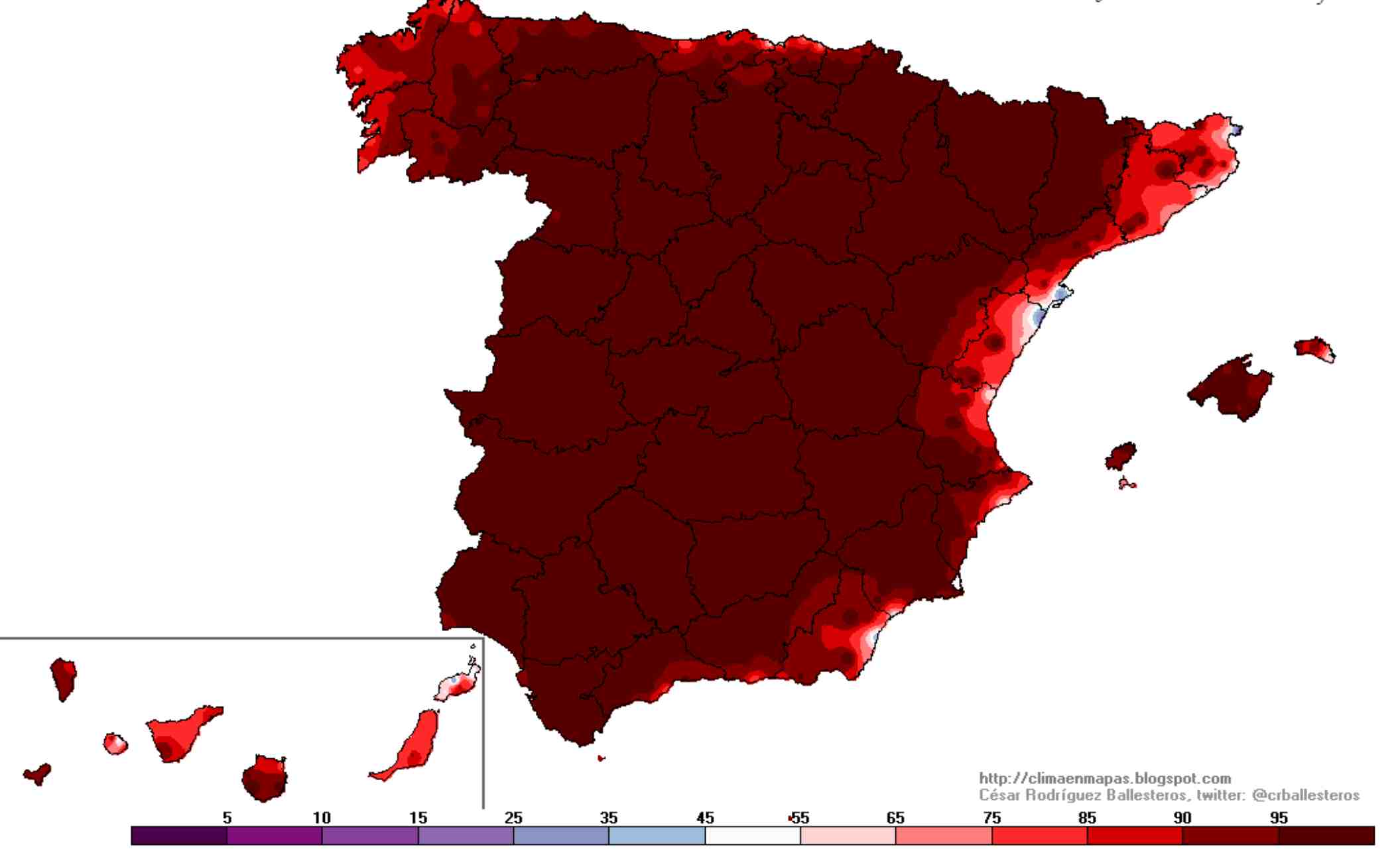 Mapa de percentils de temperatura màxima prevista. Es supera la normalitat a tota la meitat oest de Catalunya / climaenmapas.blogspot.com @crballesteros AEMET OpenData