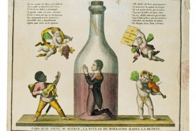 Caricatura española que representa Josep y una citado en el pie referida a la pretendida condición alcohólica del rei(1808). Fuente Wikimedia Commons Caricatura española que representa Josep y una citado en el pie referida a la pretendida condición alcohólica del rei(1808). Fuente Wikimedia Commons