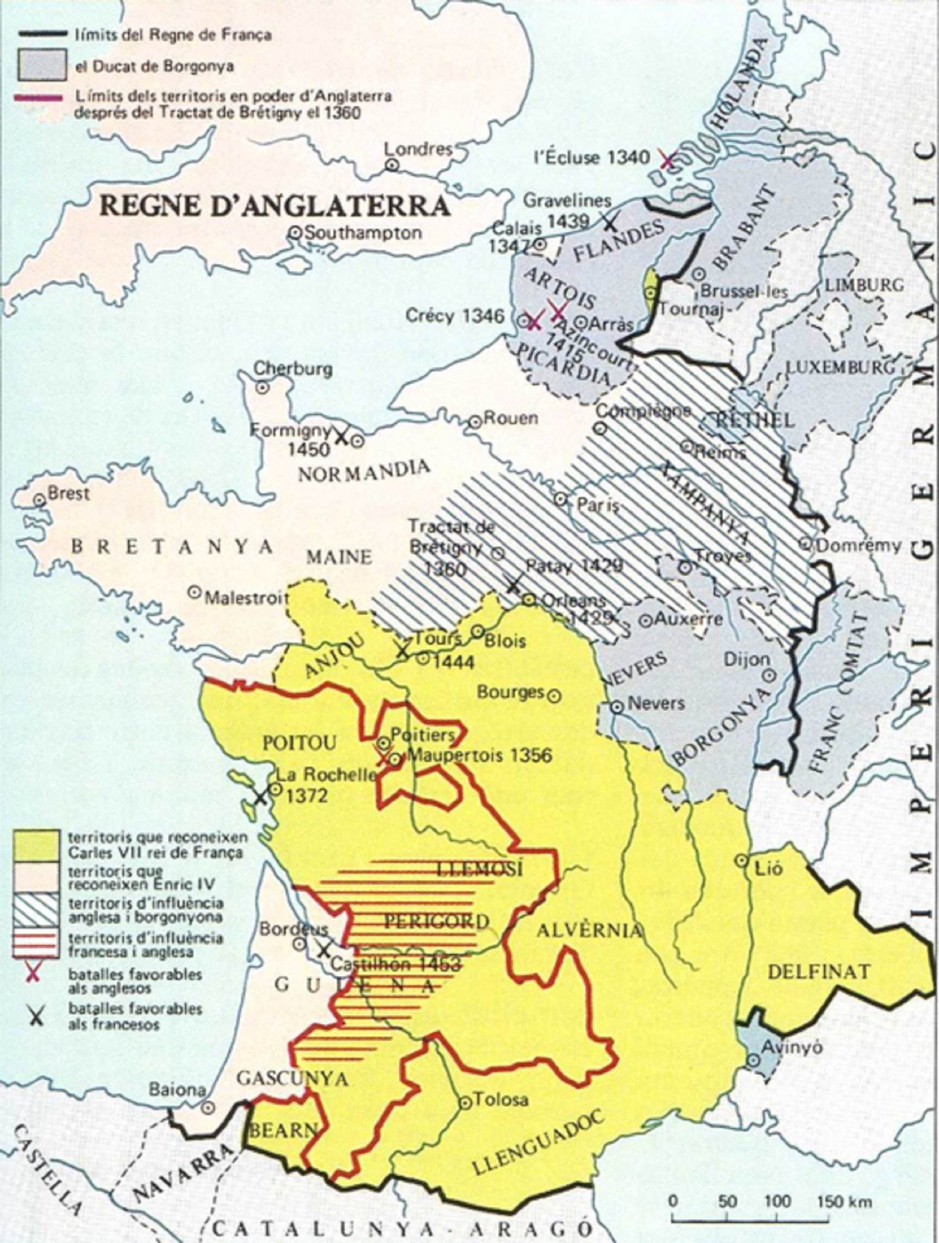 Mapa contemporáneo de la Guerra de los Cien Años (1337 1453). Fuente Enciclopedia Mapa contemporáneo de la Guerra de los Cien Años (1337 1453). Fuente Enciclopedia