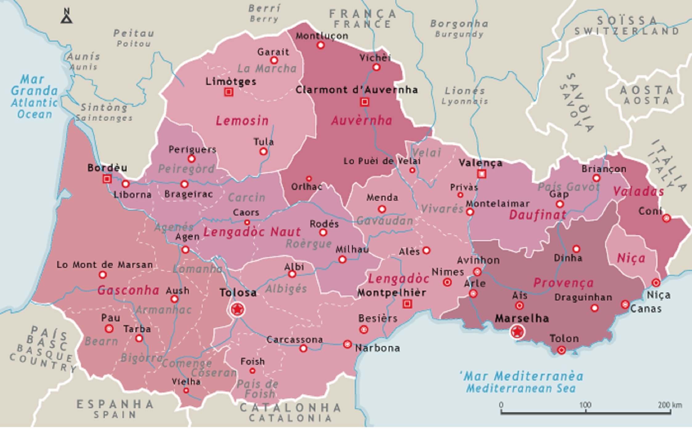 Mapa contemporáneo del dominio lingüístico histórico del occitano. Font Eurominority Mapa contemporáneo del dominio lingüístico histórico del occitano. Font Eurominority