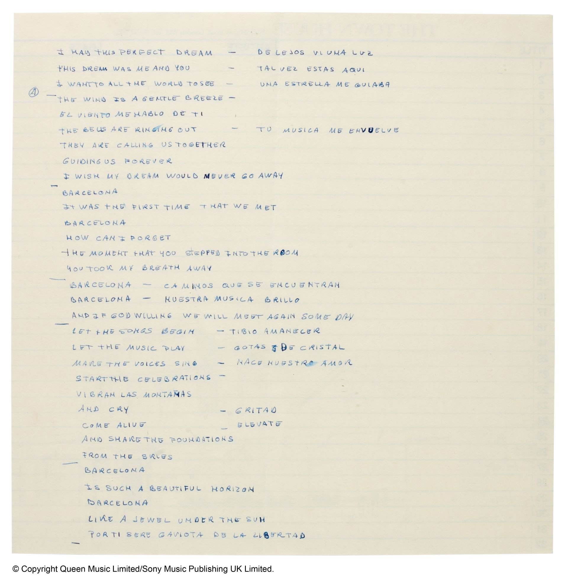 Letra manuscrito Barcelona Freddie Mercury