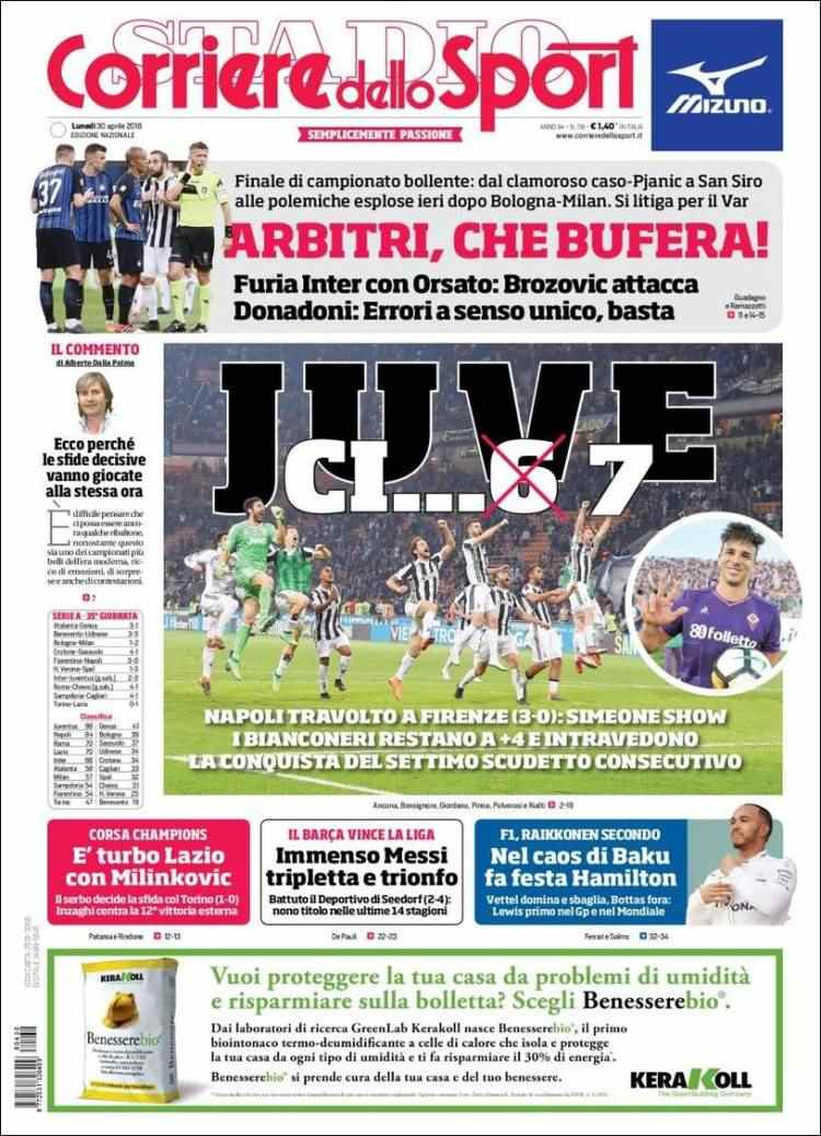 Corriere dello Sport Portada 30 04 2018