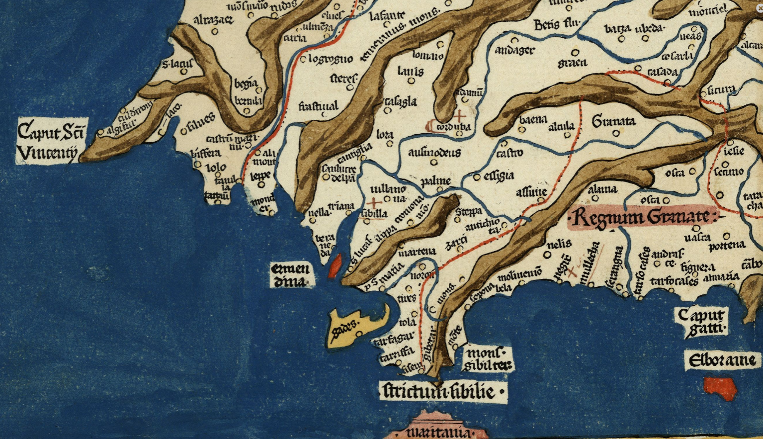 Fragmento de un mapa peninsular (1482). Granada, la Baja Andalucía y Algarve