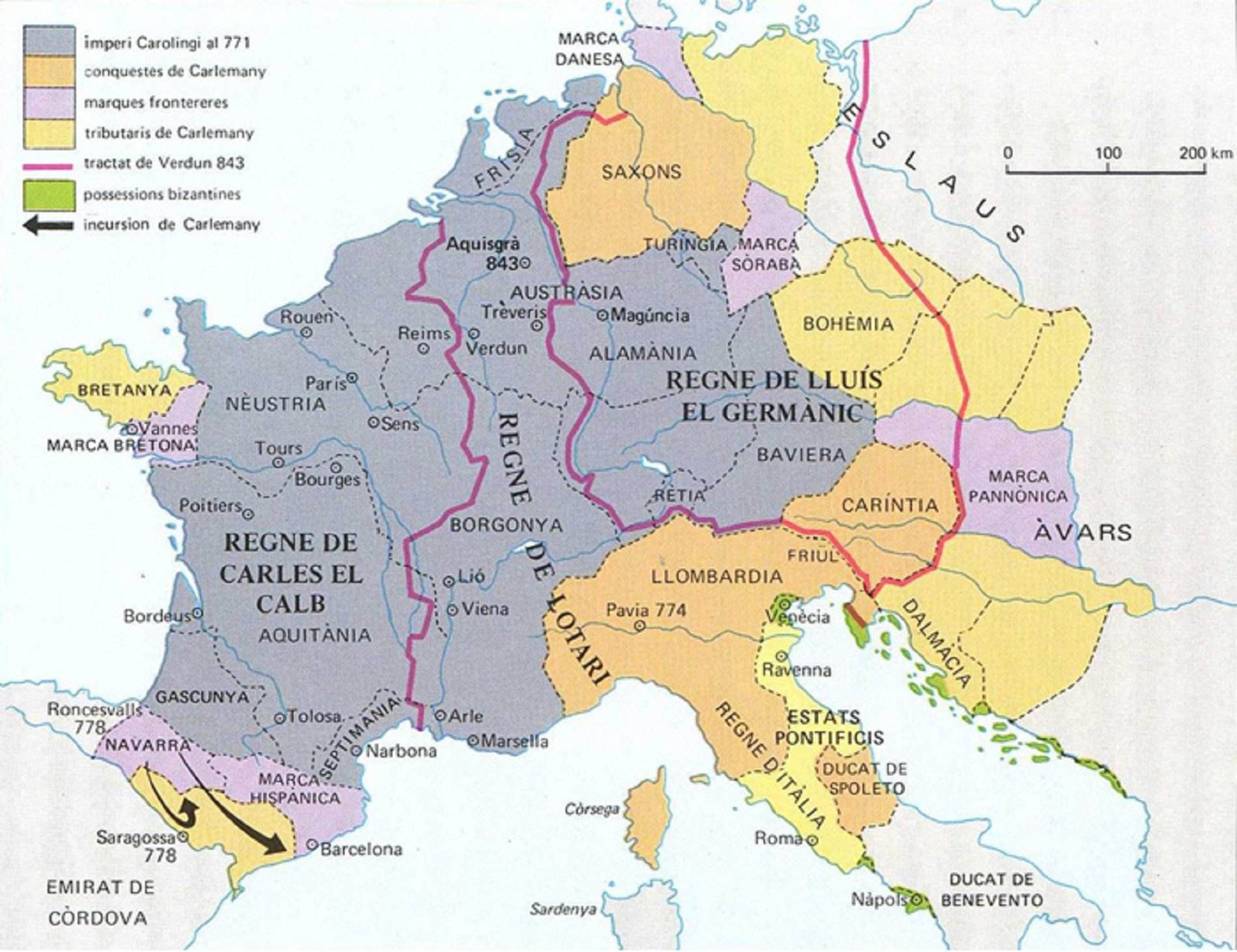 Mapa del Imperio carolingio y de su troceo en tres partes (siglo IX). Fuente Enciclopedia