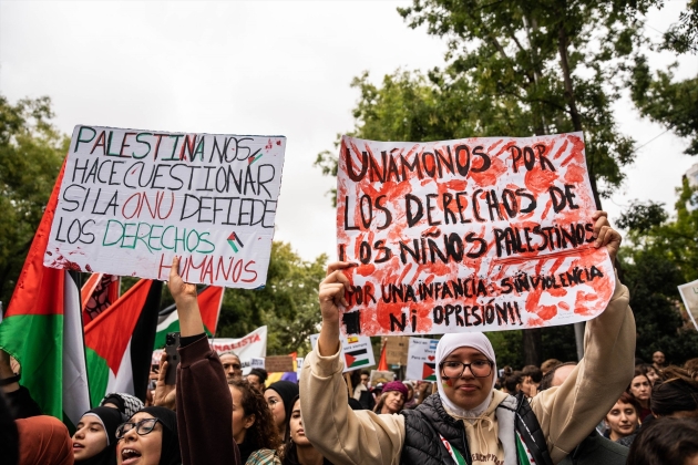 Cartells en suport a Palestina durant la convocatòria a Madrid / Foto: Europa Press