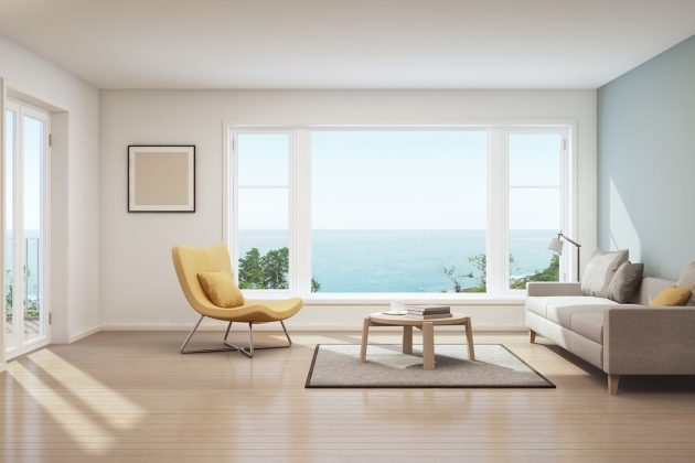 3d rendering of scandinavian sea view living room in luxury house