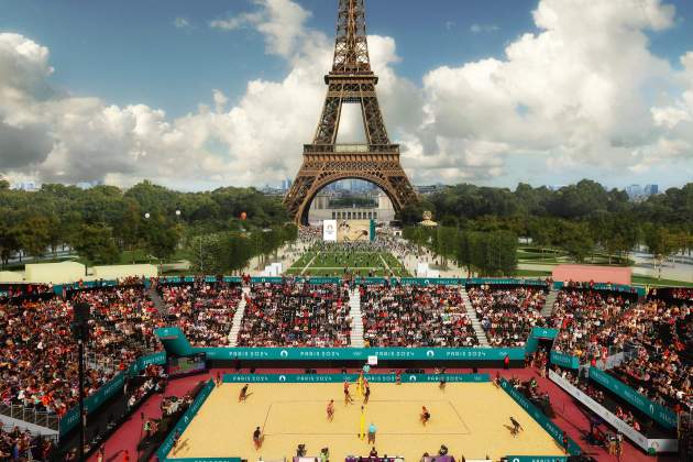 L'estado de volei platja construit al costat de la Torre Eiffel per als Jocs Olímpics de París / Foto: @juegosolimpicos