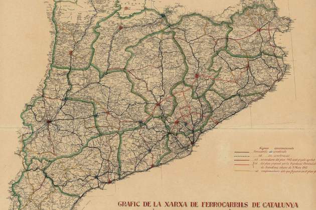 Mapa de la red de ferrocarriles de la Mancomunidad. Fuente Cartoteca de Catalunya