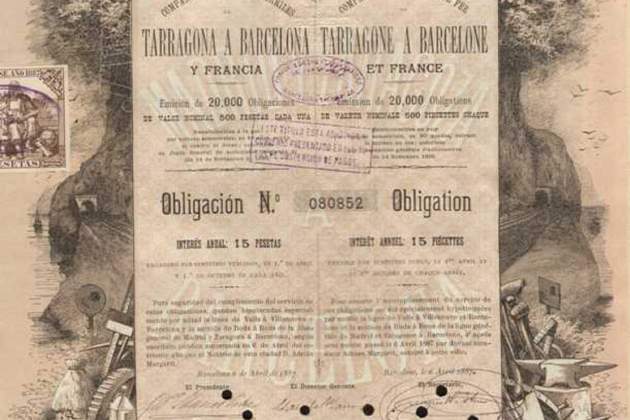 Obligación de la Compañía de Tarragona a Barcelona y Francia (1875). Fuente Wikimedia Commons