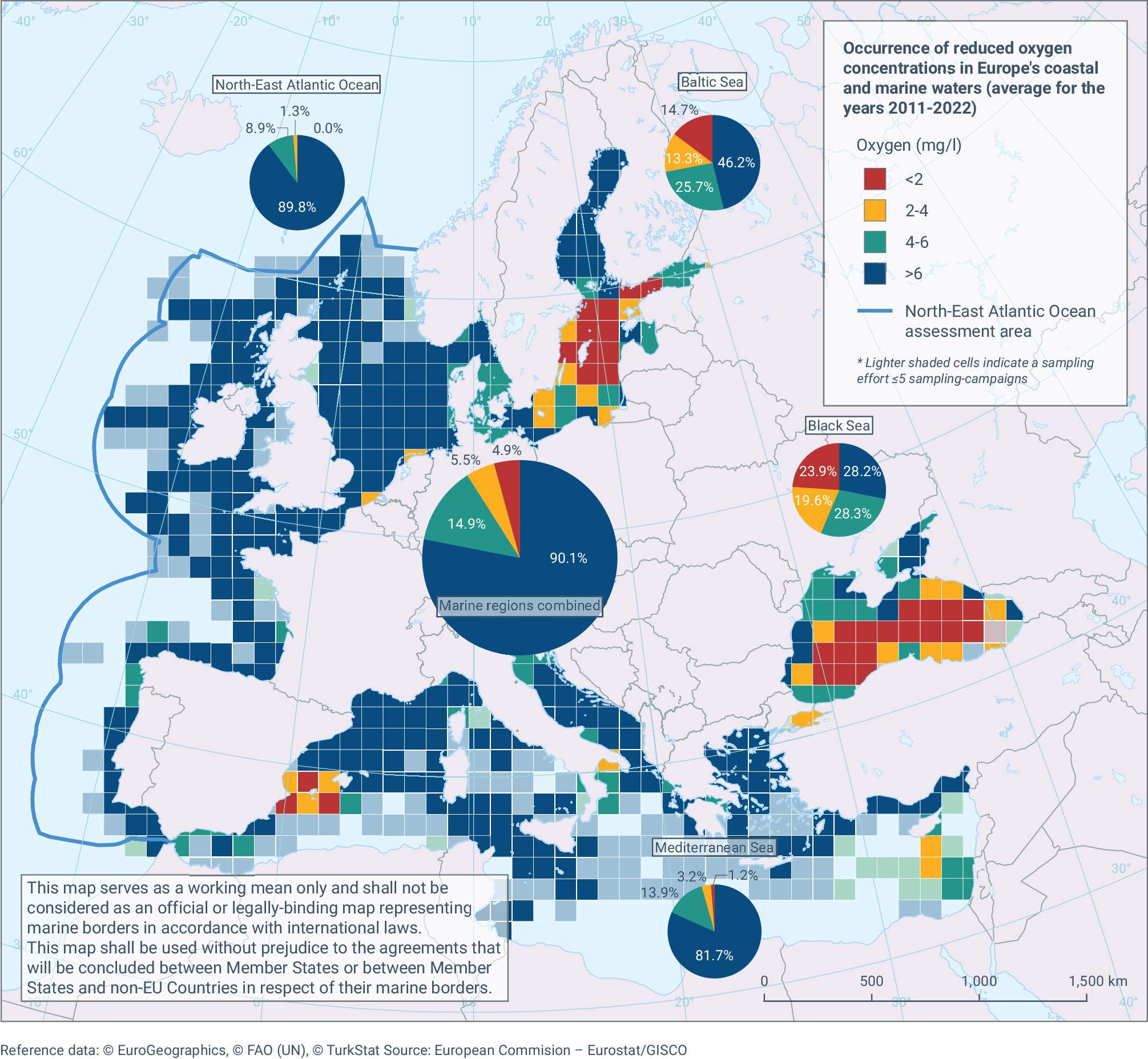 Ocurrència de concentracions reduïdes d'oxigen a les aigües costaneres i marines d'Europa (mitjana dels anys 2011 2022)