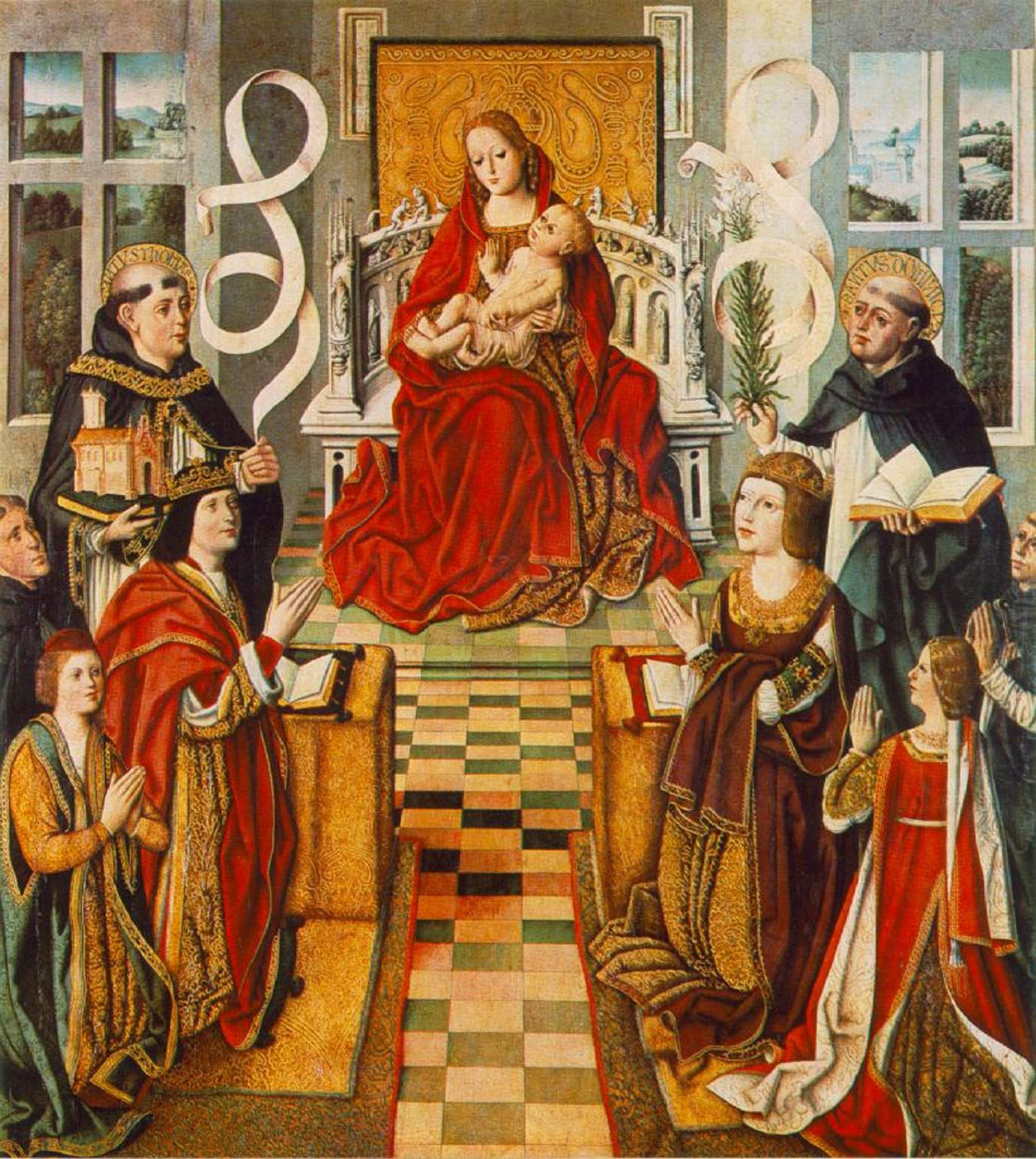 Representació de la familia dels Reis Catolics orant a la Mare de Deu dels Navegants (segles XV). Font Museu del Prado