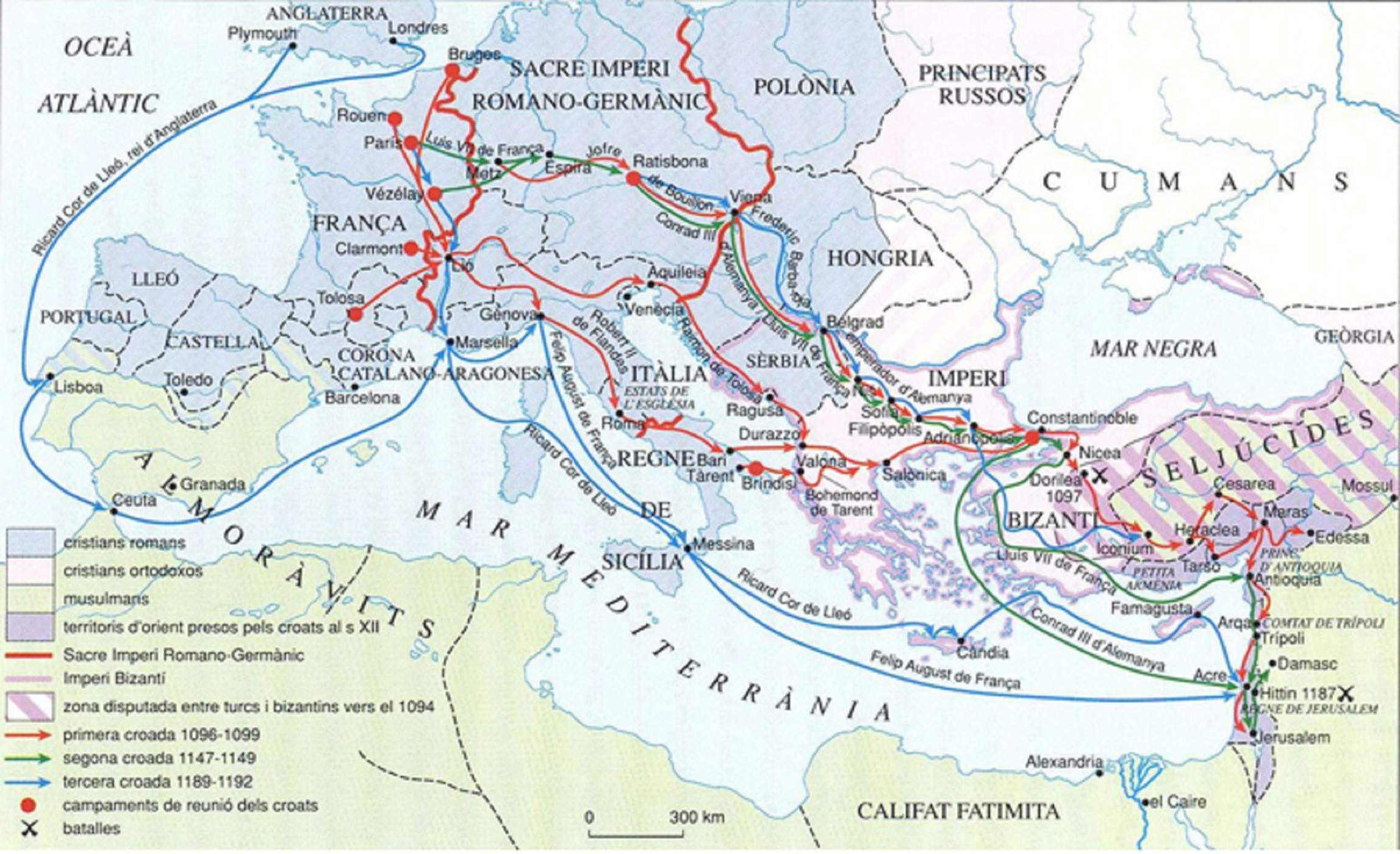 Mapa de las tres primeros cruzadas (siglos XI y XII). Fuente Enciclopedia Catalana