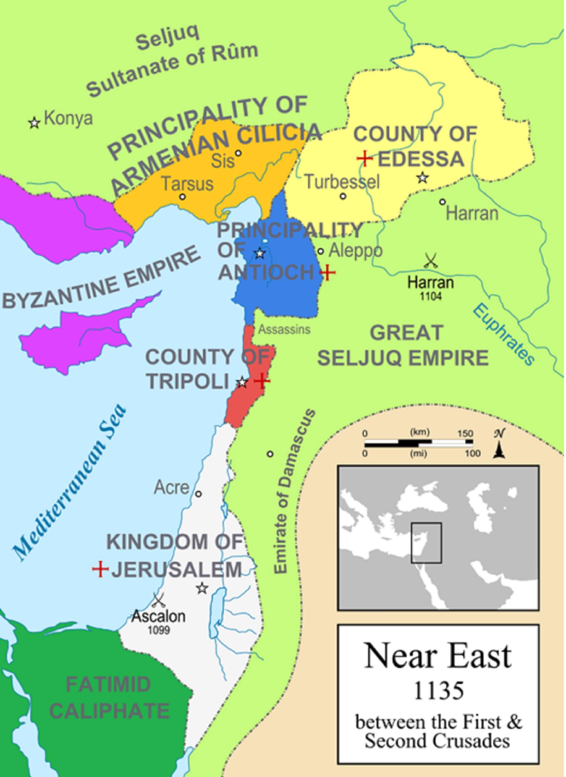 Mapa de la regió de Proper Orient entre la primera i la segona Croada (mitjans segle XII). Font Wikimedia Commons
