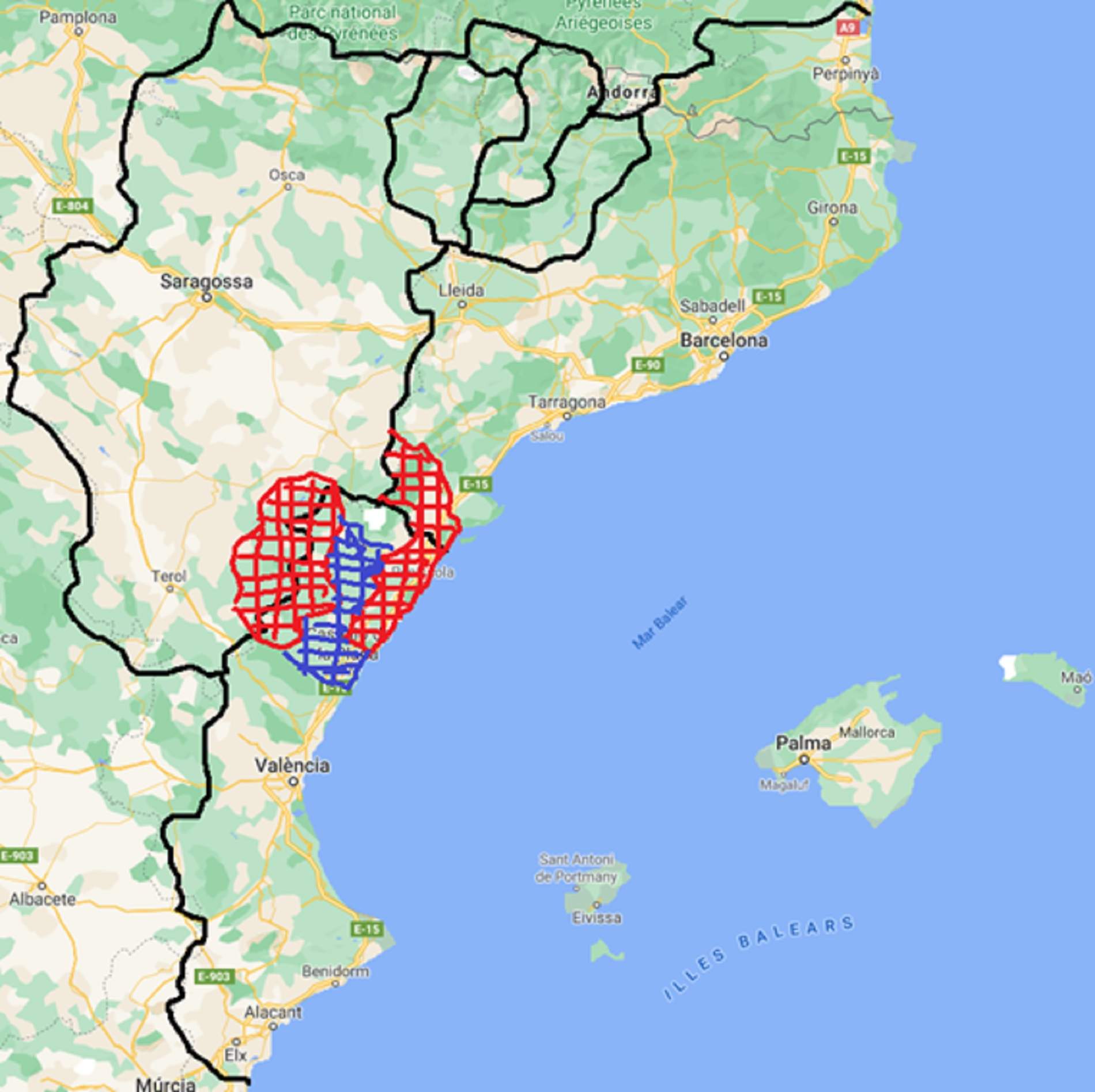Mapa de situación del estado templario del Maestrazgo. En rojo, los predios primigenios y en azul los adquiridos a los Anglesola. Fuente Marc Pons