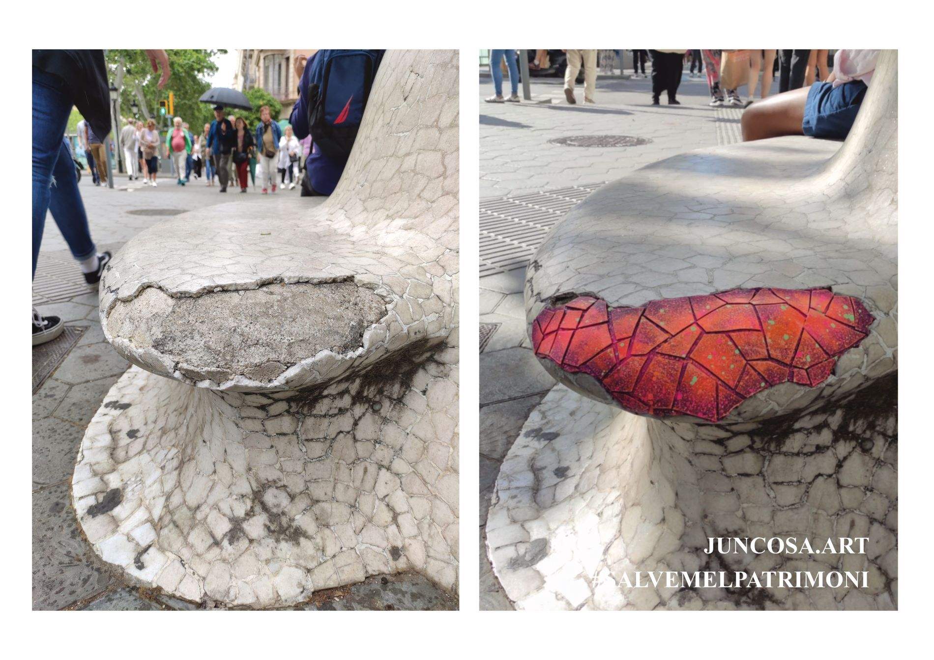 Un artista pone en evidencia el mal estado de los bancos del paseo de Gràcia: los restaura con parches de arte