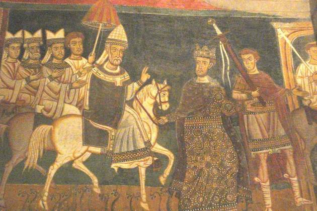 Representación bajo medieval del pontifex Inocencio IV bajo el umbaculum encarnado y dorado (1246). Fuente Basílica dei Santi Quattro Coronati. Roma